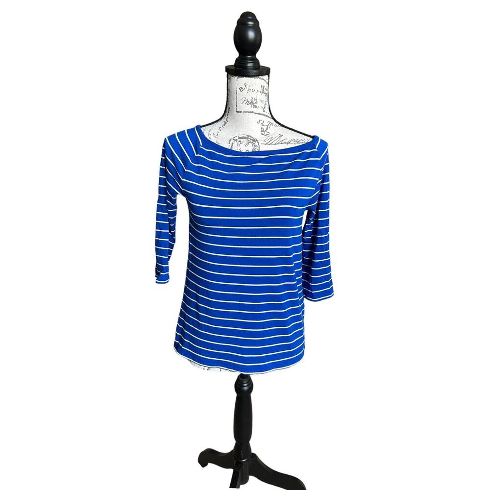 Chico's 3/4 Sleeve Boat Neck Royal Blue White Stripe Lightweight Top 0 Small
